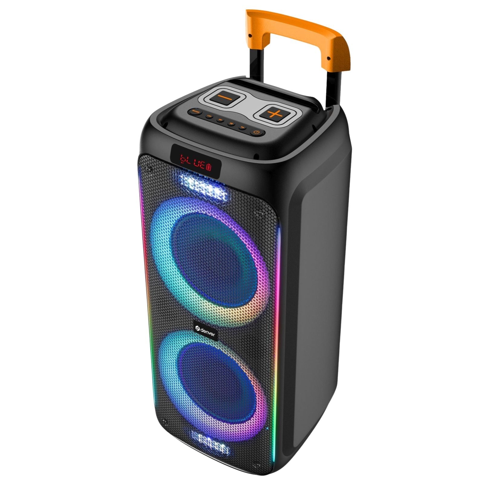 DENVER TSP-456 Bluetooth-Partylautsprecher Partybox – 600W Trolley-Lautsprecher mit LED-Lichtshow, Akku & Karaoke Mikrofon – Frontansicht – Produktbild von Soundmaxx Online